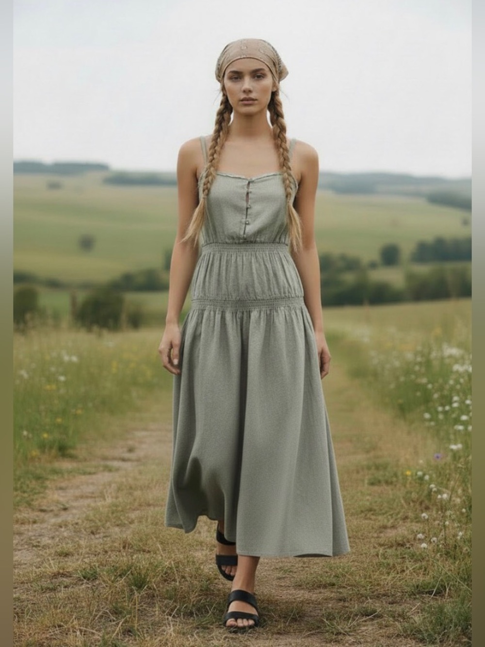 Linen Cotton Blend Sage Green Tiered Skirt Midi Dress